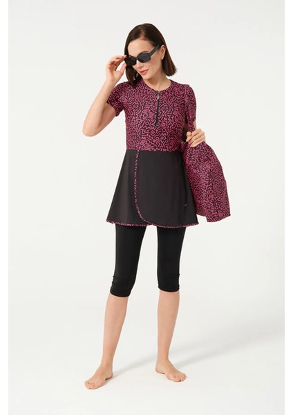 Hızlı Kuruyan Mayo Kumaşı Yarım Fermuarlı Kısa Kollu Taytlı Kadın Mayo 24144 indirimleri