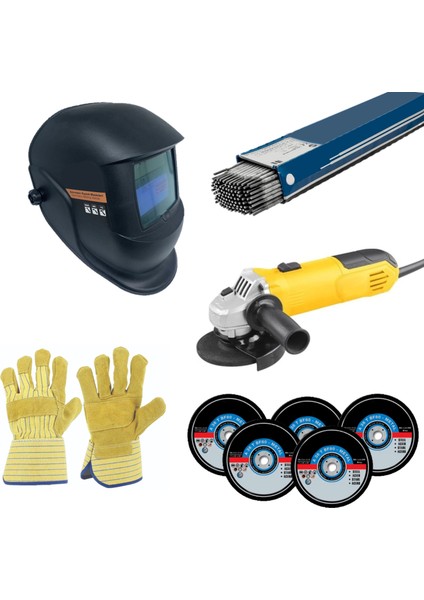 5'li Kaynakçı Set - Avuç Taşlama + Kaynak Maskesi + Elektrot + Eldiven + Kesici Disk