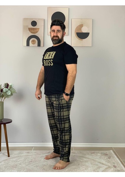 Erkek The Boss Motifli Pijama Takımı (Siyah- Haki) modelleri