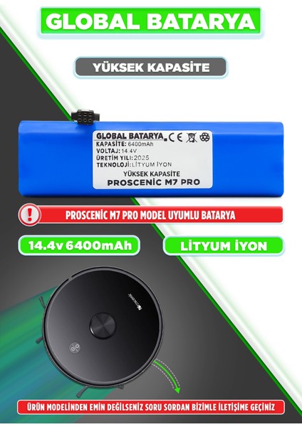 Proscenic M7 Pro Uyumlu Akıllı Robot Süpürge Bataryası 14.4V 6400mAh Li-ion Pil (Yüksek Kapasite)