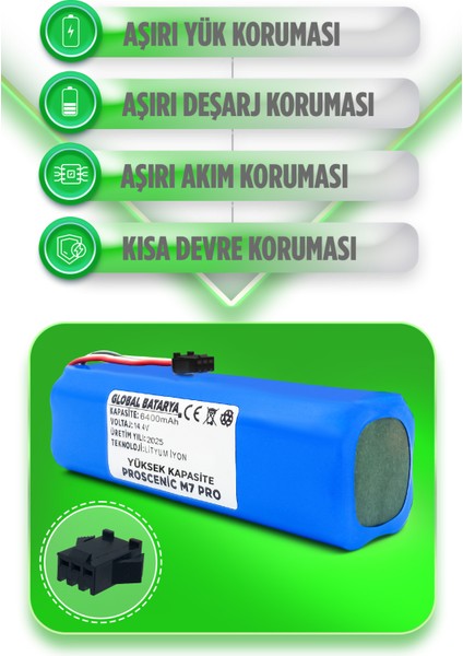 Proscenic M7 Pro Uyumlu Akıllı Robot Süpürge Bataryası 14.4V 6400mAh Li-ion Pil (Yüksek Kapasite)