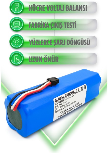 Proscenic M7 Pro Uyumlu Akıllı Robot Süpürge Bataryası 14.4V 6400mAh Li-ion Pil (Yüksek Kapasite)