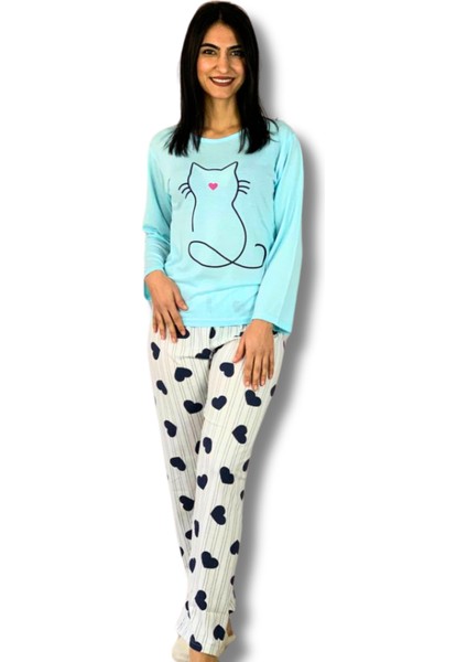 Kadın Kedi Motifli Kalp Desenli Pijama Takımı (Mavi-Beyaz)