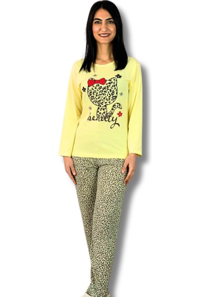 Kadın Kedi Motifli Leopar Desenli Pijama Takımı (Sarı)