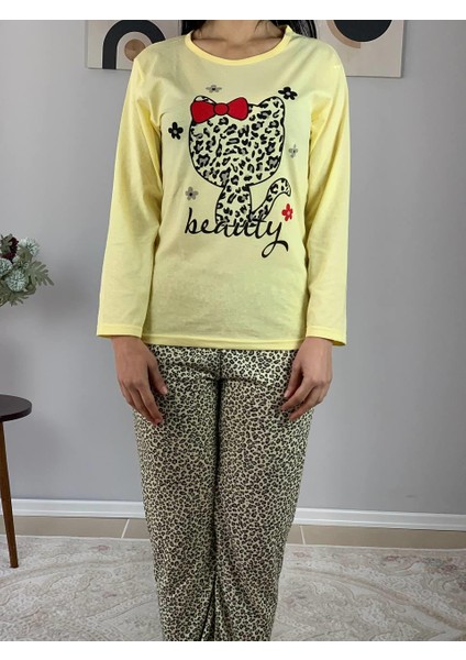 Kadın Kedi Motifli Leopar Desenli Pijama Takımı (Sarı) fırsatları