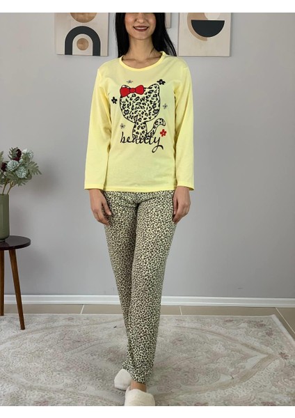 Kadın Kedi Motifli Leopar Desenli Pijama Takımı (Sarı) indirimleri