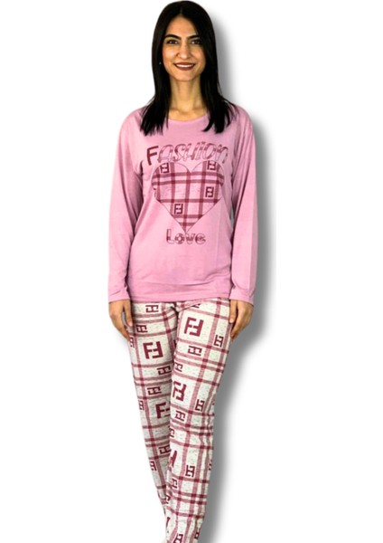 Kadın Fashion Love Desenli Pijama Takımı (Pembe)