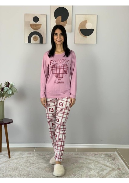 Kadın Fashion Love Desenli Pijama Takımı (Pembe) fırsatları