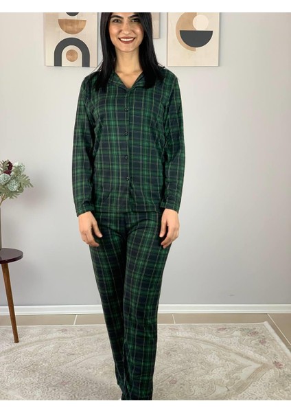 Kadın Ekose Desenli Süet Düğmeli Pijama Takımı (Yeşil)