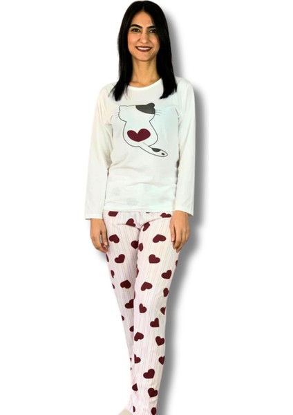 Kadın Kedi Motifli Kalp Desenli Pijama Takımı (Bordo-Beyaz)