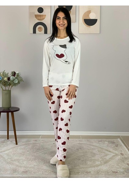 Kadın Kedi Motifli Kalp Desenli Pijama Takımı (Bordo-Beyaz) fiyatları