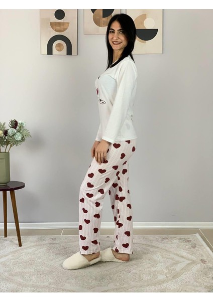 Kadın Kedi Motifli Kalp Desenli Pijama Takımı (Bordo-Beyaz) modelleri