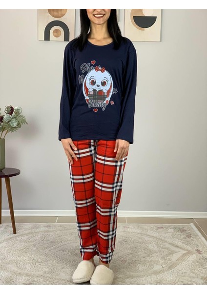 Kadın Ekose Desenli Uyku Bantlı Pijama Takımı (Lacivert-Kırmızı)