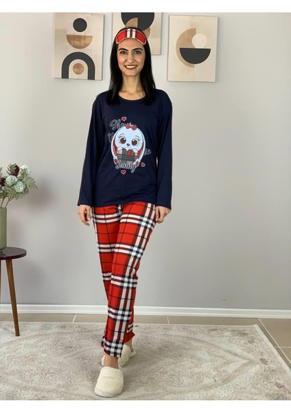 Kadın Ekose Desenli Uyku Bantlı Pijama Takımı (Lacivert-Kırmızı)