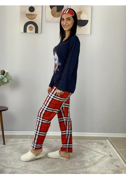 Kadın Ekose Desenli Uyku Bantlı Pijama Takımı (Lacivert-Kırmızı)