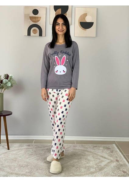 Kadın Tavşan Desenli Pijama Takımı (Gri- Beyaz) fiyatları