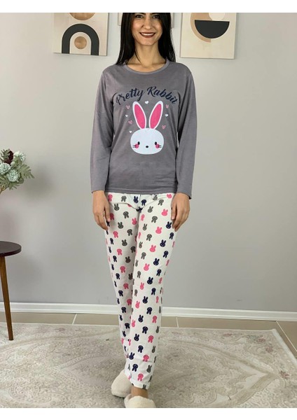 Kadın Tavşan Desenli Pijama Takımı (Gri- Beyaz) indirimleri