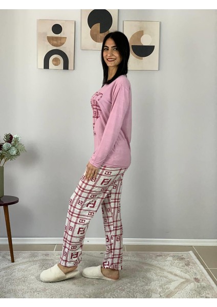 Kadın Fashion Love Desenli Pijama Takımı (Pembe) modelleri