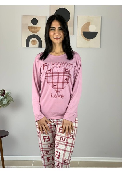 Kadın Fashion Love Desenli Pijama Takımı (Pembe) indirimleri