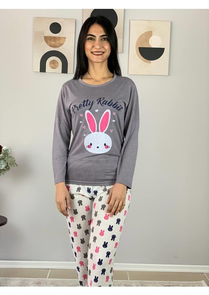 Kadın Love Motifli Kalp Desenli Pijama Takımı (Bej-Beyaz) indirimleri