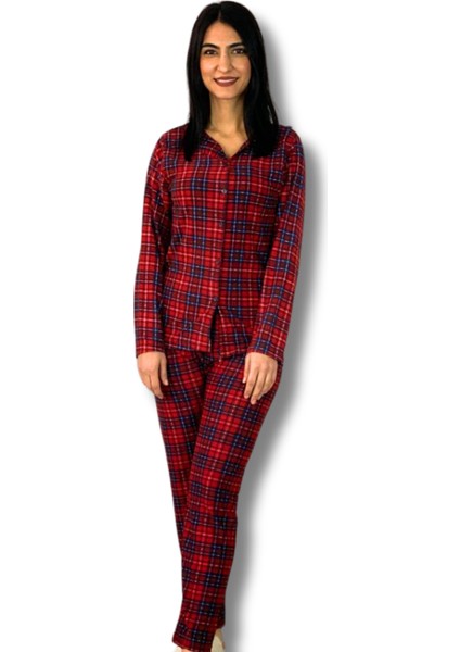 Kadın Ekose Desenli Süet Düğmeli Pijama Takımı (Kırmızı)