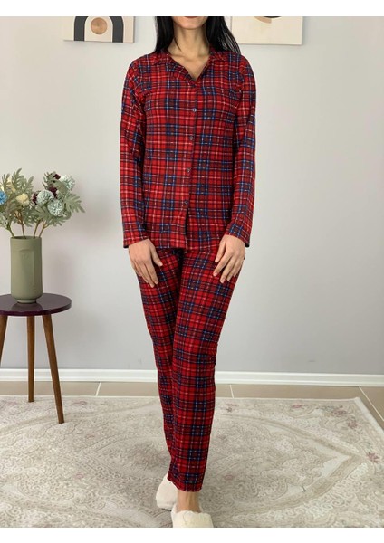 Kadın Ekose Desenli Süet Düğmeli Pijama Takımı (Kırmızı)
