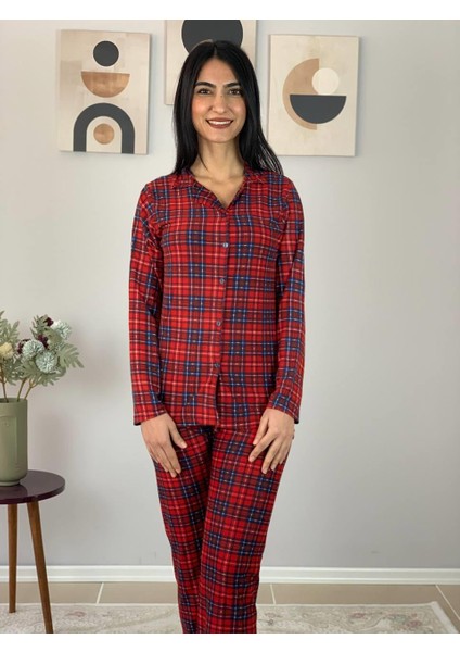 Kadın Ekose Desenli Süet Düğmeli Pijama Takımı (Kırmızı)