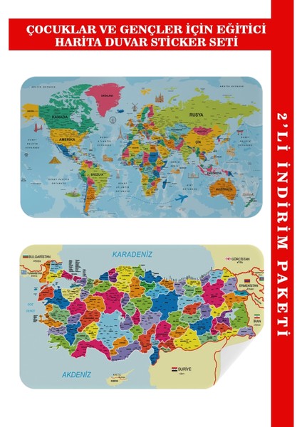 - Eğitici ve Öğretici Dünya ve Türkiye Haritası Çocuk Odası Duvar STICKER-60X105-3882