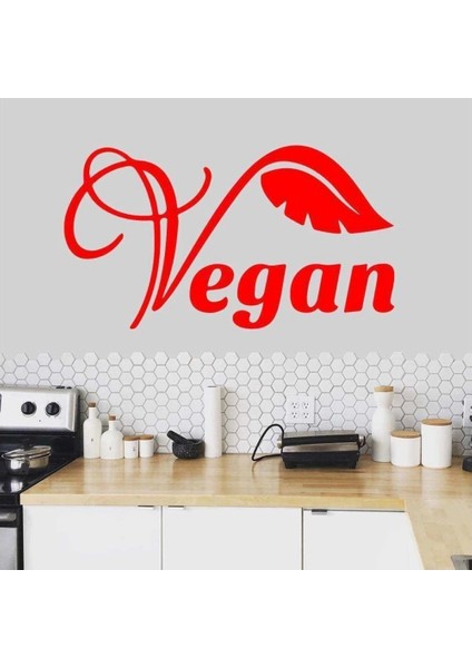 Vegan Yazılı Yaprak Silüet Dekoratif Duvar Sticker, Çıkartma, Etiket Kırmızı