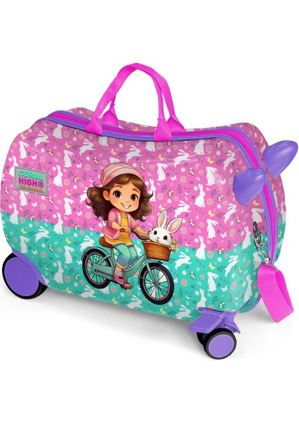 Kids Mor Pembe Bisikletli Kız Desenli Otur-Çek Çocuk Valizi 16356