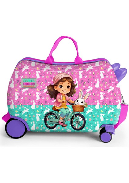 Kids Mor Pembe Bisikletli Kız Desenli Otur-Çek Çocuk Valizi 16356 fiyatları