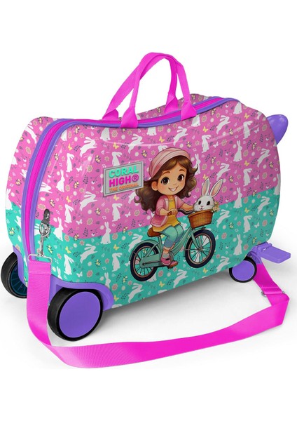 Kids Mor Pembe Bisikletli Kız Desenli Otur-Çek Çocuk Valizi 16356 modelleri