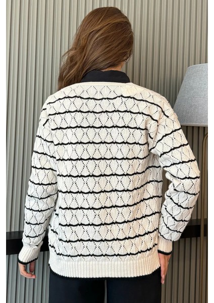Kadın Ön Düğmeli Çizgili Triko Hırka P-00012790