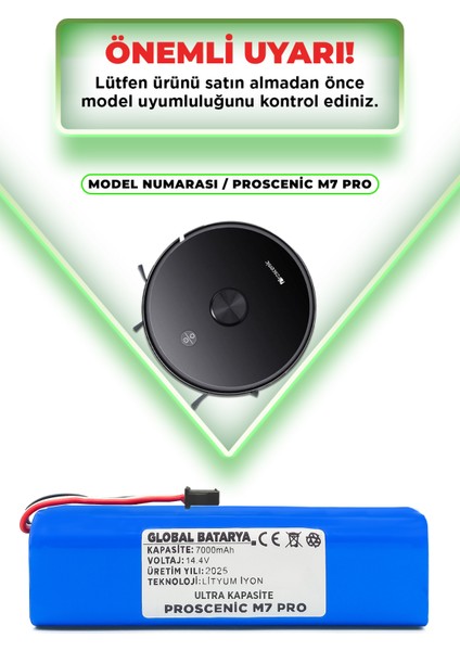 Proscenic M7 Pro Uyumlu Akıllı Robot Süpürge Bataryası 14.4V 7000MAH Li-Ion Li-Ion Pil (Ultra Kapasite)
