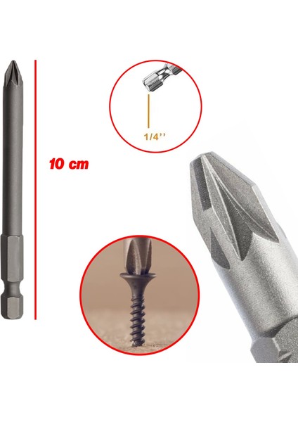 Mıknatıslı Pozidriv Bits Uç Pz2 100 mm 10'lu Set Kutulu Manyetik 1/4" Matkap Ucu 10 cm modelleri