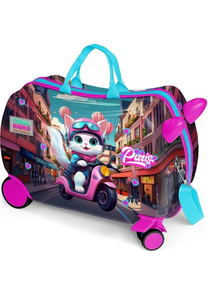 Kids Pembe Motorlu Kedi Desenli Otur-Çek Çocuk Valizi 16358