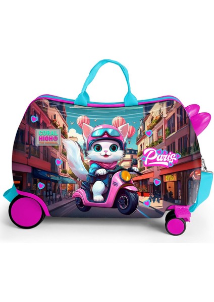 Kids Pembe Motorlu Kedi Desenli Otur-Çek Çocuk Valizi 16358 fiyatları
