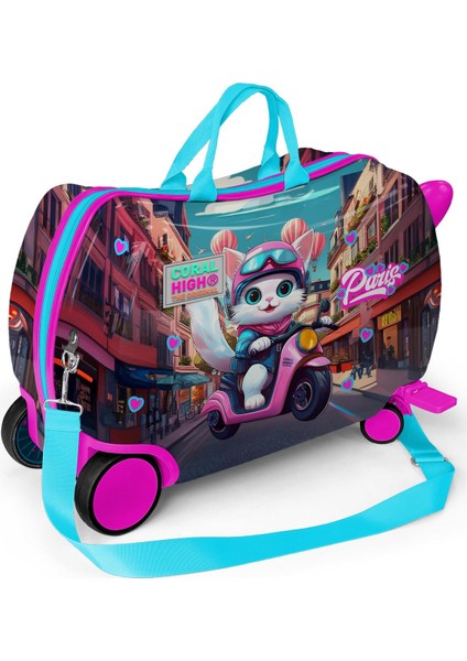 Kids Pembe Motorlu Kedi Desenli Otur-Çek Çocuk Valizi 16358 modelleri