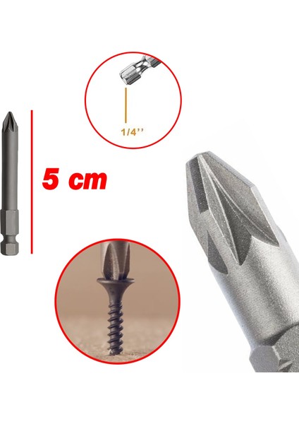 Mıknatıslı Pozidriv Bits Uç Pz2 50 mm 10'lu Set Kutulu Manyetik 1/4" Matkap Ucu 5 cm Uzunluk