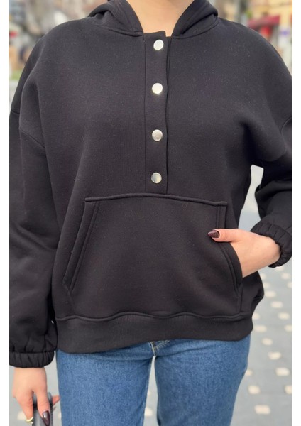 Kadın Şardonlu Kanguru Cepli Düğme Detaylı Sweatshirt