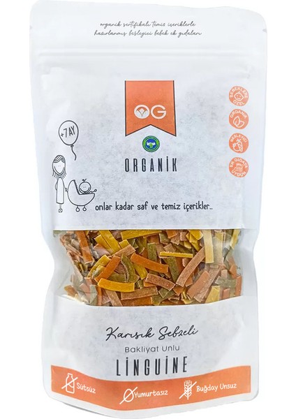 Organik Karışık Sebzeli Bakliyat Unlu Şerit Makarna Linguine 200 Gr +8 Ay