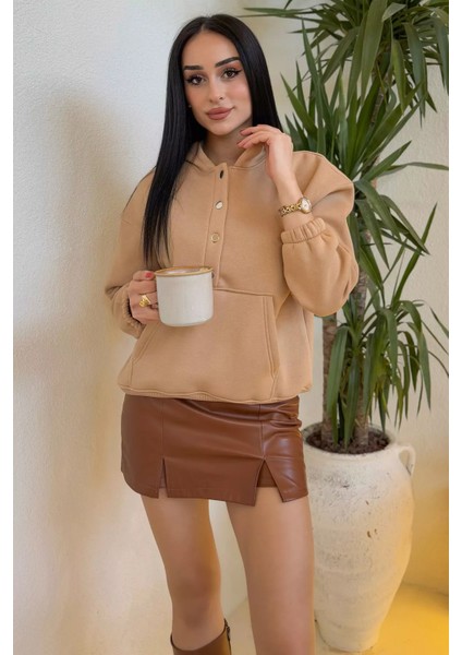 Kadın Şardonlu Kanguru Cepli Düğme Detaylı Sweatshirt