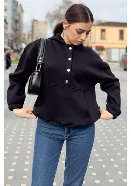 Kadın Şardonlu Kanguru Cepli Düğme Detaylı Sweatshirt