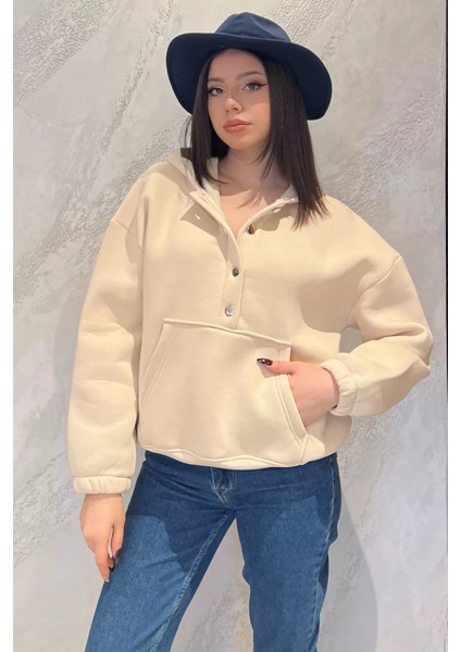 Kadın Şardonlu Kanguru Cepli Düğme Detaylı Sweatshirt