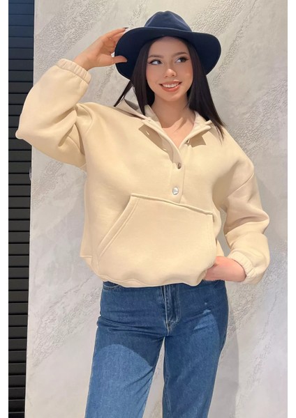 Kadın Şardonlu Kanguru Cepli Düğme Detaylı Sweatshirt fiyatları