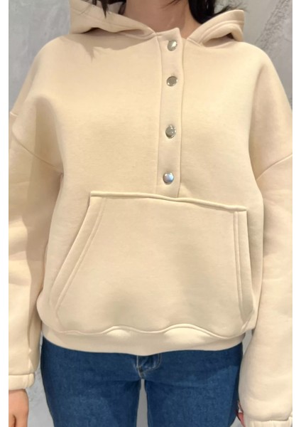 Kadın Şardonlu Kanguru Cepli Düğme Detaylı Sweatshirt modelleri