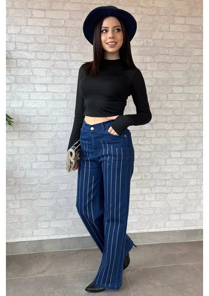 Yüksel Bel Taş Detaylı Palazzo Kot Pantolon