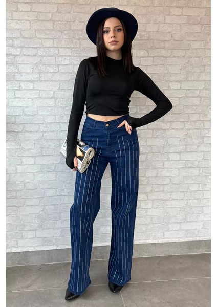 Yüksel Bel Taş Detaylı Palazzo Kot Pantolon fiyatları