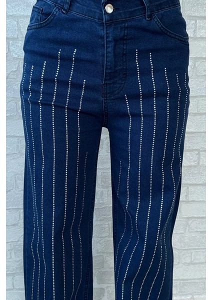 Yüksel Bel Taş Detaylı Palazzo Kot Pantolon modelleri