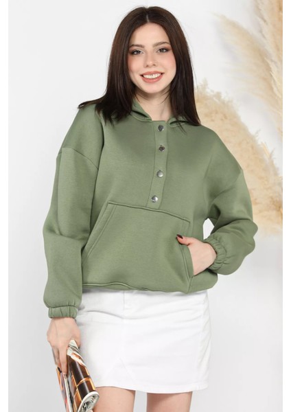 Kadın Şardonlu Kanguru Cepli Düğme Detaylı Sweatshirt